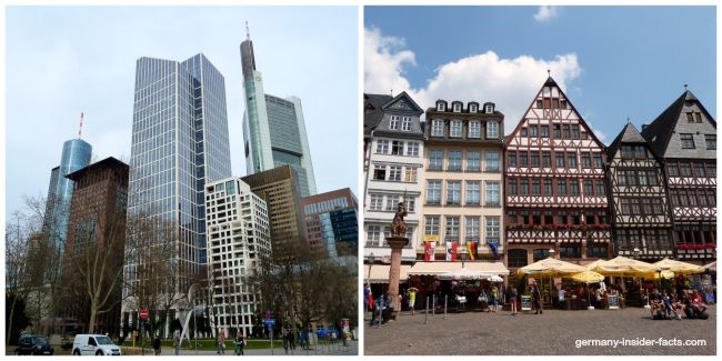 frankfurt skyline in contrast with roemerberg
