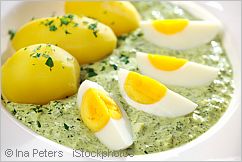 plate with potatoes, eggs and green sauce