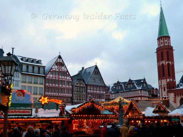 Nicolai church and restored houses at Römerberg are the romantic backdrop of the Weihnachtsmarkt in Frankfurt